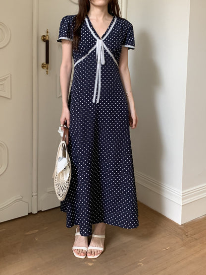 Lace Splice Tie Polka Dot Dress
