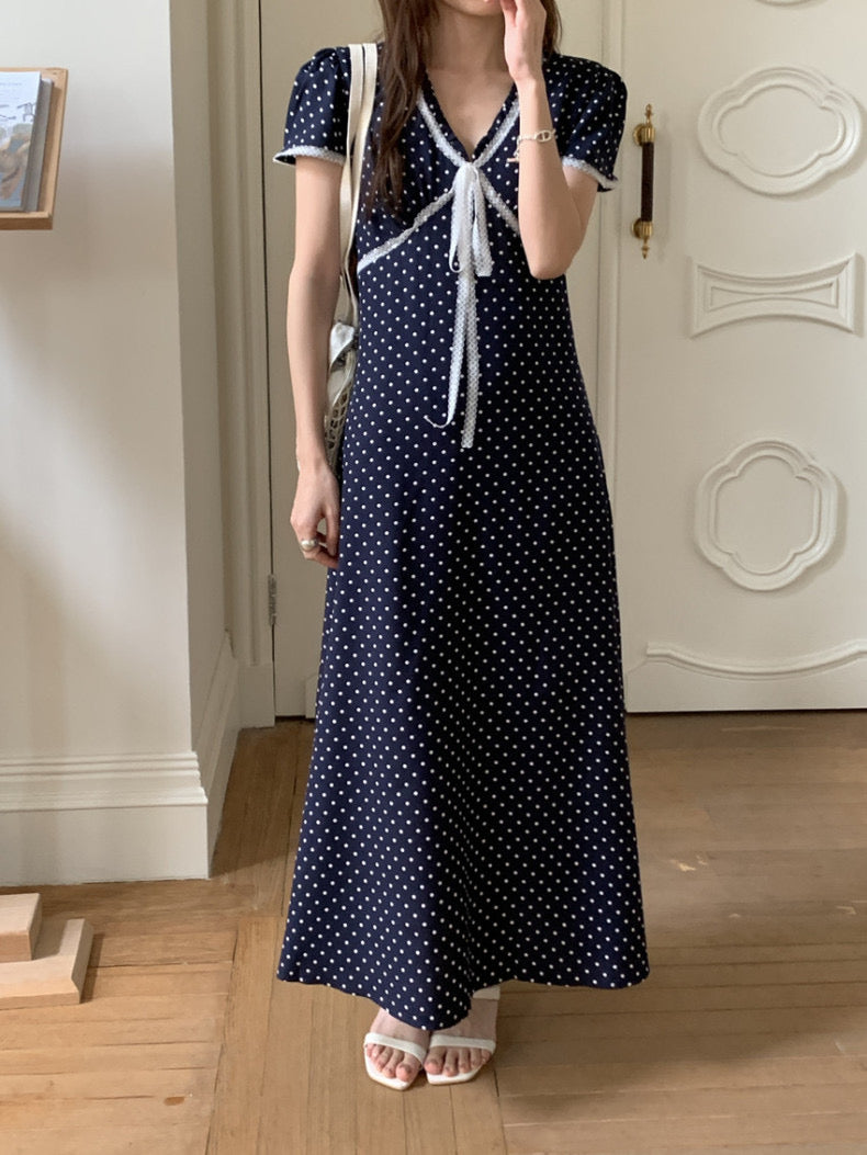 Lace Splice Tie Polka Dot Dress