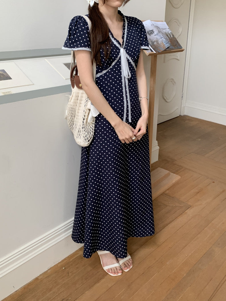 Lace Splice Tie Polka Dot Dress