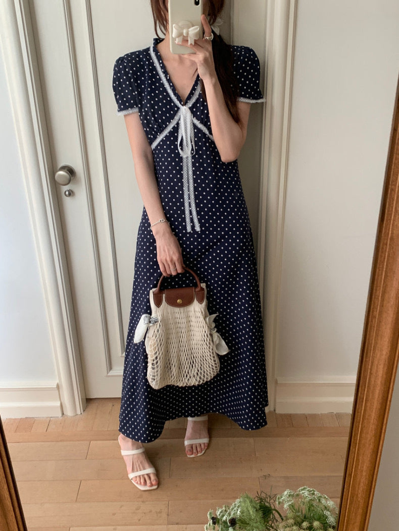 Lace Splice Tie Polka Dot Dress