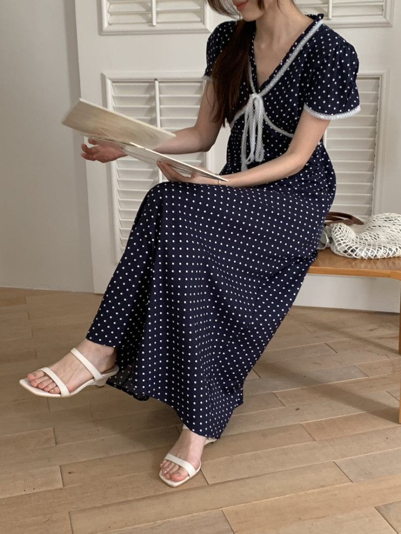 Lace Splice Tie Polka Dot Dress