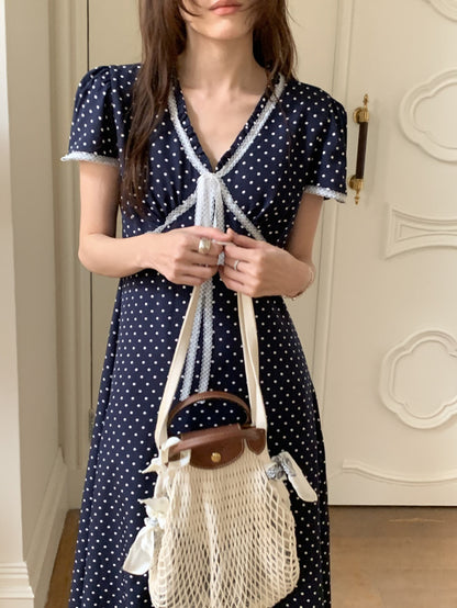 Lace Splice Tie Polka Dot Dress