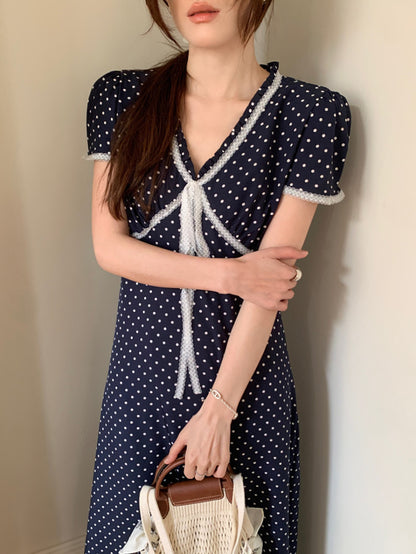Lace Splice Tie Polka Dot Dress