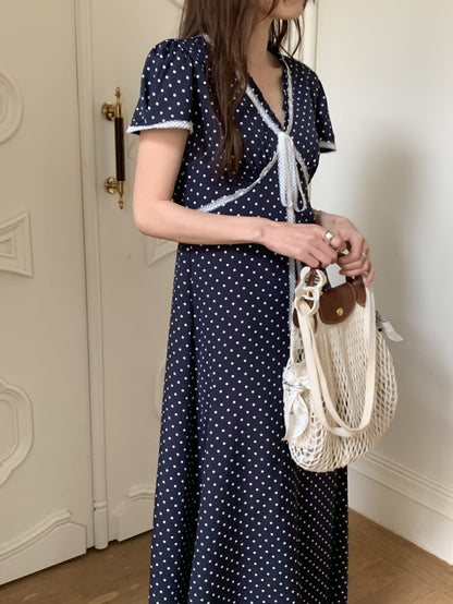 Lace Splice Tie Polka Dot Dress