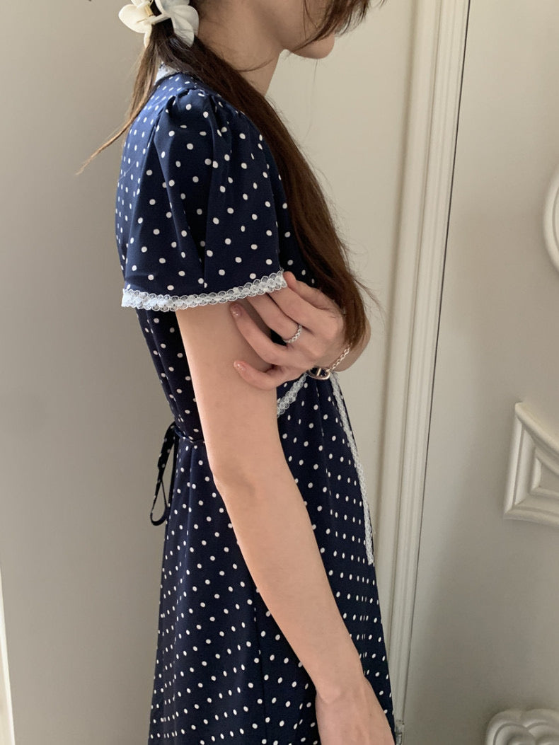 Lace Splice Tie Polka Dot Dress