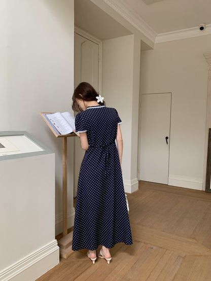 Lace Splice Tie Polka Dot Dress