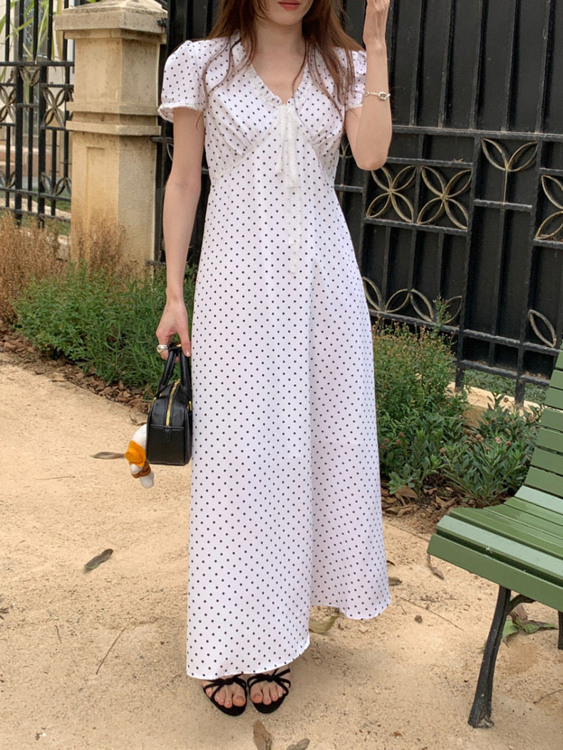 Lace Splice Tie Polka Dot Dress