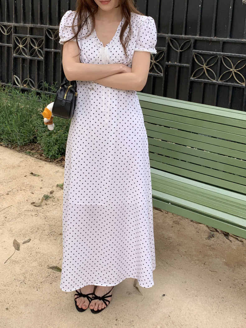 Lace Splice Tie Polka Dot Dress