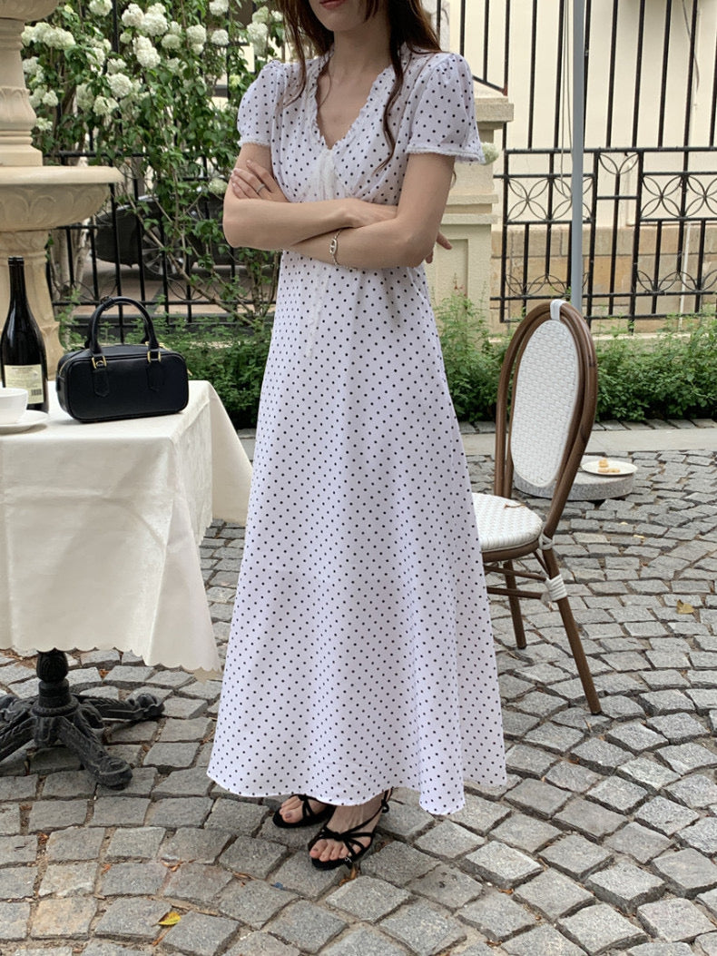 Lace Splice Tie Polka Dot Dress