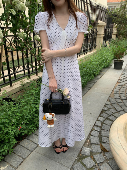 Lace Splice Tie Polka Dot Dress