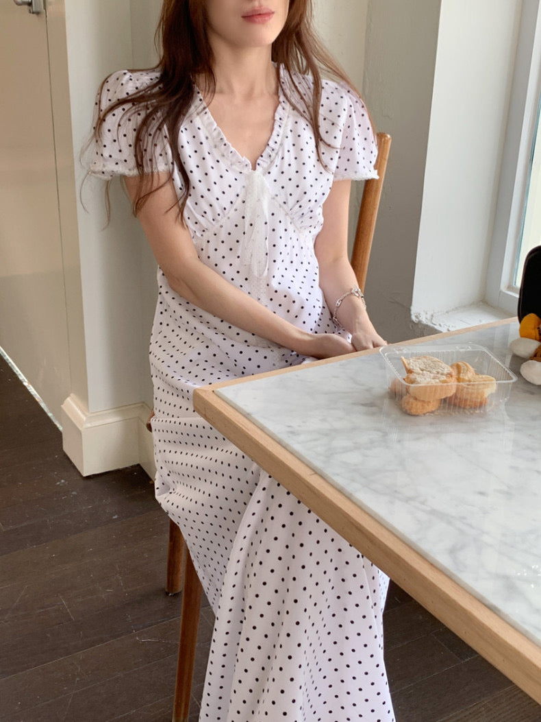 Lace Splice Tie Polka Dot Dress