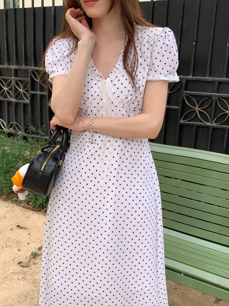 Lace Splice Tie Polka Dot Dress