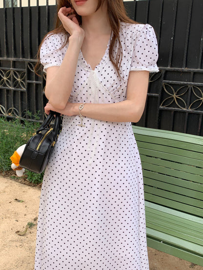 Lace Splice Tie Polka Dot Dress