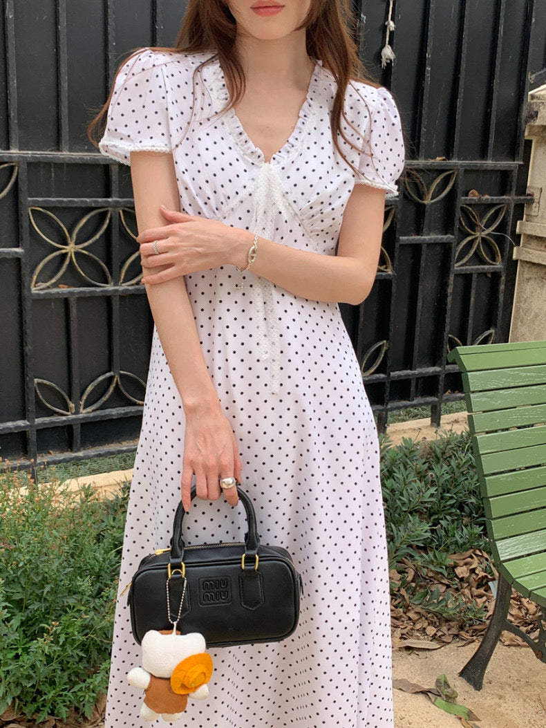 Lace Splice Tie Polka Dot Dress