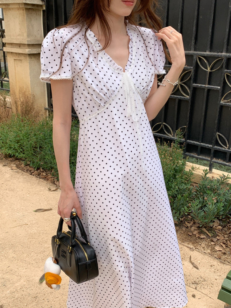Lace Splice Tie Polka Dot Dress