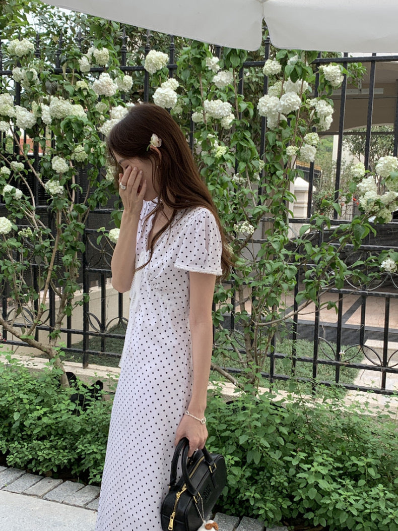 Lace Splice Tie Polka Dot Dress