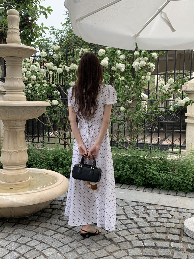 Lace Splice Tie Polka Dot Dress