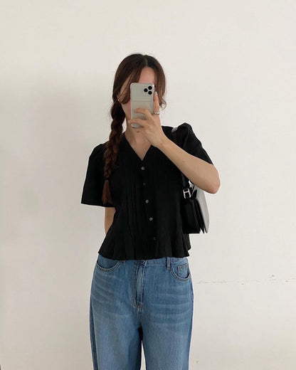 Pleated V-neck Blouse