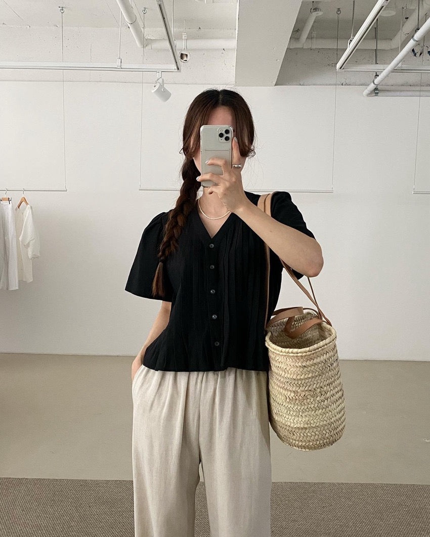 Pleated V-neck Blouse