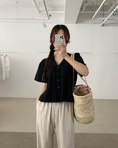 Pleated V-neck Blouse