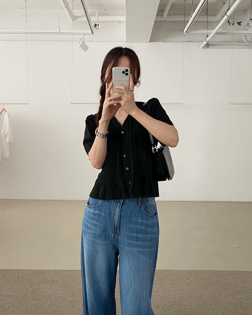 Pleated V-neck Blouse