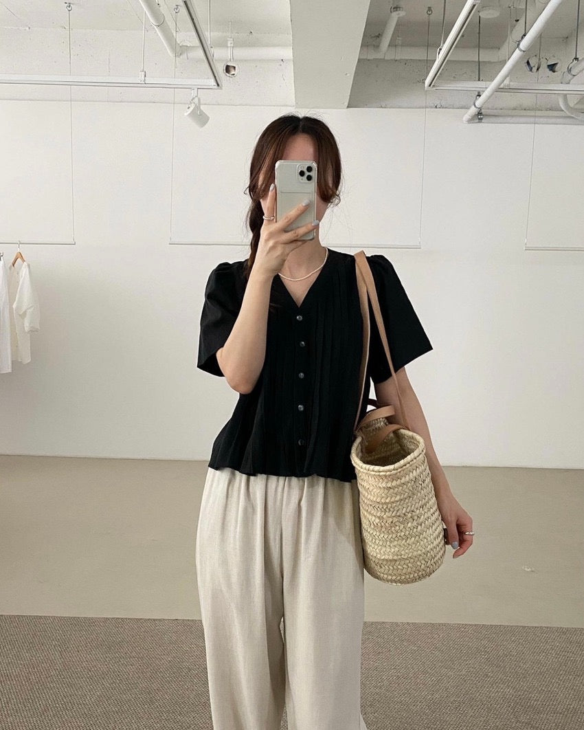 Pleated V-neck Blouse