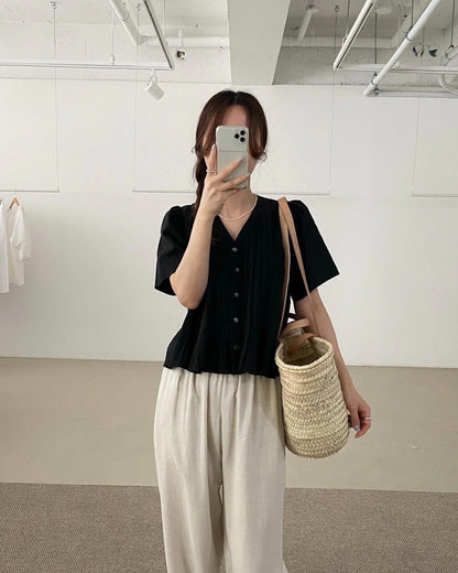 Pleated V-neck Blouse