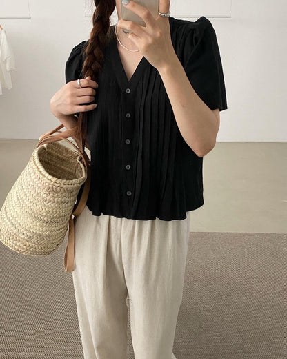 Pleated V-neck Blouse
