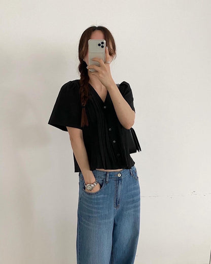Pleated V-neck Blouse