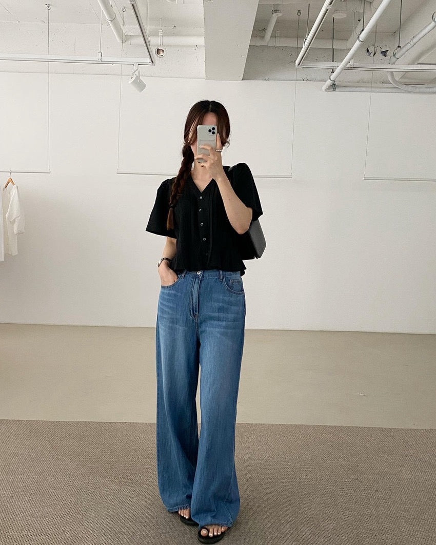 Pleated V-neck Blouse