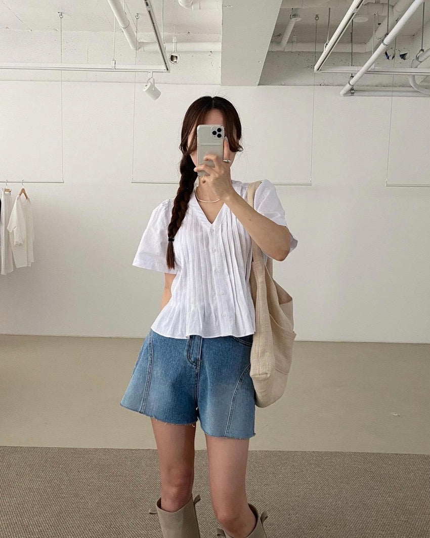 Pleated V-neck Blouse