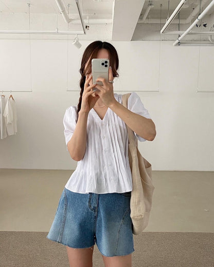 Pleated V-neck Blouse