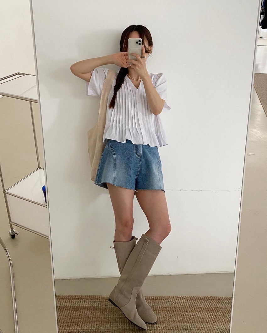 Pleated V-neck Blouse