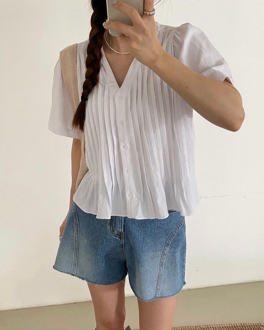 Pleated V-neck Blouse