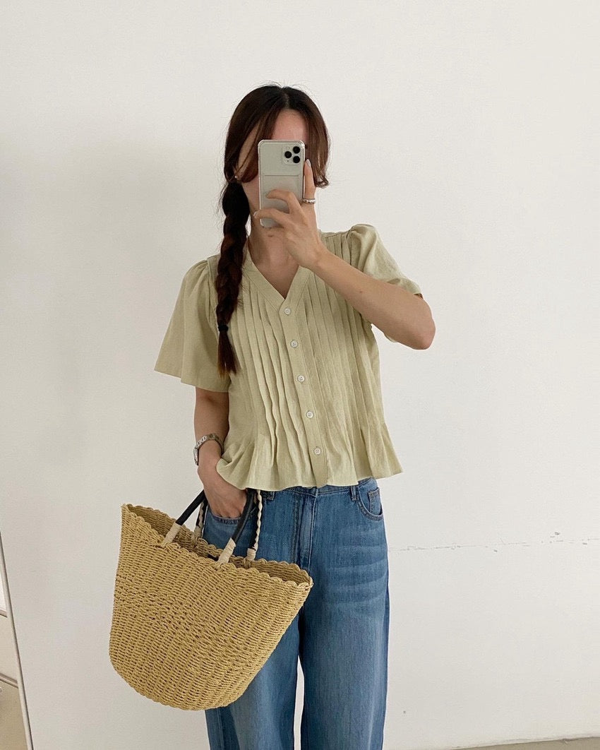 Pleated V-neck Blouse