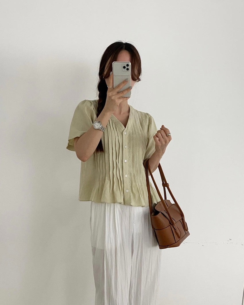 Pleated V-neck Blouse