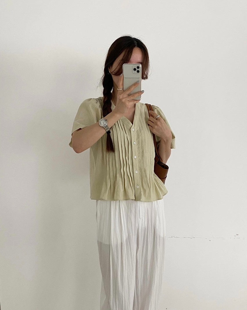 Pleated V-neck Blouse