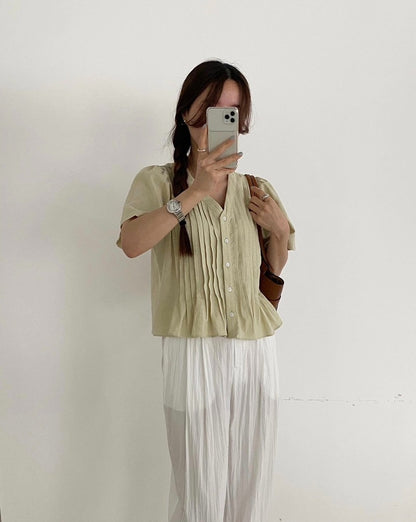 Pleated V-neck Blouse