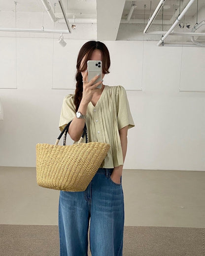 Pleated V-neck Blouse