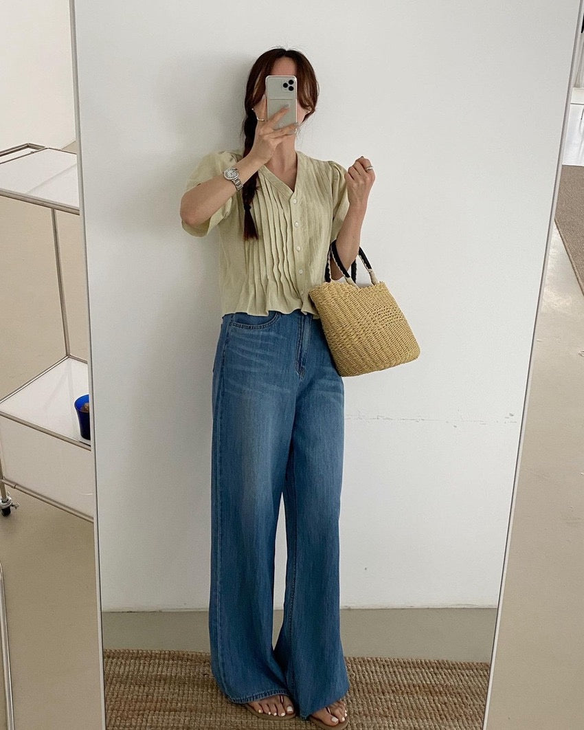 Pleated V-neck Blouse