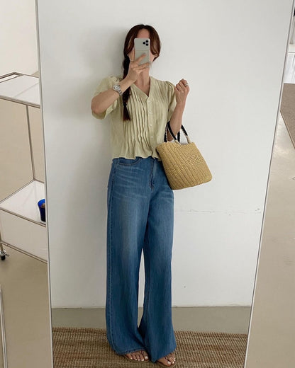 Pleated V-neck Blouse