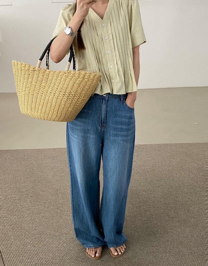 Pleated V-neck Blouse