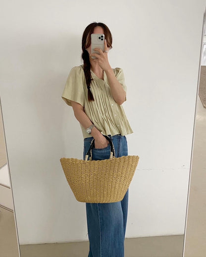 Pleated V-neck Blouse