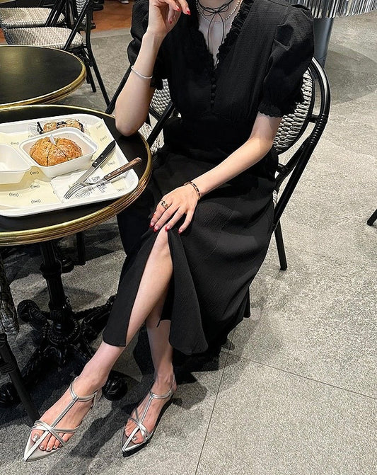 V領木耳邊開衩連身裙