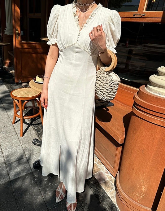 V領木耳邊開衩連身裙