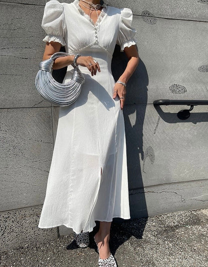 Vネックフリルスリットワンピース