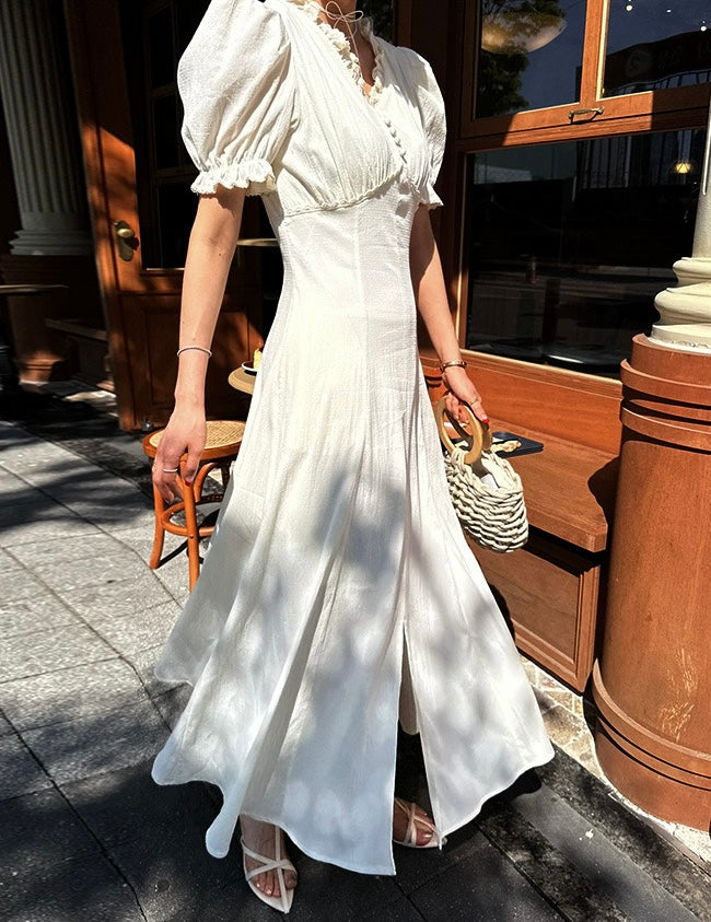 Vネックフリルスリットワンピース