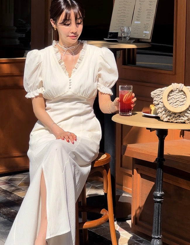 Vネックフリルスリットワンピース