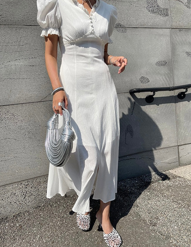 Vネックフリルスリットワンピース