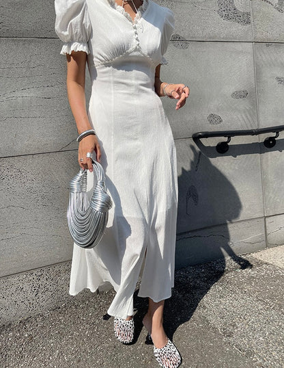 Vネックフリルスリットワンピース